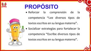 PROPÓSITO
 Reforzar la comprensión de la
competencia “Lee diversos tipos de
textos escritos en su lengua materna”.
 Socializar estrategias para fortalecer la
competencia “Escribe diversos tipos de
textos escritos en su lengua materna”.
 