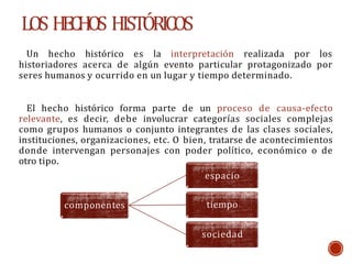 LOS HECHOS HISTÓRICOS
componentes
Un hecho histórico es la interpretación realizada por los
historiadores acerca de algún evento particular protagonizado por
seres humanos y ocurrido en un lugar y tiempo determinado.
El hecho histórico forma parte de un proceso de causa-efecto
relevante, es decir, debe involucrar categorías sociales complejas
como grupos humanos o conjunto integrantes de las clases sociales,
instituciones, organizaciones, etc. O bien, tratarse de acontecimientos
donde intervengan personajes con poder político, económico o de
otro tipo.
espacio
tiempo
sociedad
 