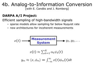 4b. Analog-to-Information Conversion
               [with E. Candès and J. Romberg]

DARPA A/I Project:
Efficient sampling of high-bandwidth signals
  – sparse models allow sampling far below Nyquist rate
  – new architectures for incoherent measurements



                   Measurement
                     System
 