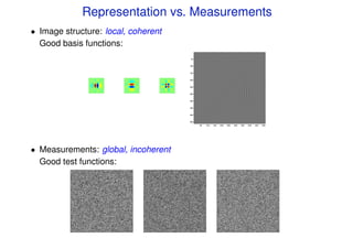 Representation vs. Measurements
• Image structure: local, coherent
  Good basis functions:
                                      50


                                     100


                                     150


                                     200


                                     250


                                     300


                                     350


                                     400


                                     450


                                     500
                                           50   100   150   200   250   300   350   400   450   500




• Measurements: global, incoherent
  Good test functions:
 