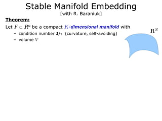 Stable Manifold Embedding
                            [with R. Baraniuk]
Theorem:
Let   F ⊂ RN be a compact K-dimensional manifold with
      – condition number 1/τ (curvature, self-avoiding)
      – volume V
 