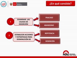 ¿En qué consiste?
1
2
EXAMINAR LAS
CAUSAS DE
DESERCIÒN
ESTABLECER ACCIONES
Y ESTRATEGIAS PARA
DISMINUCIÓN DE
FRACASO
ABANDONO
REPITENCIA
DESERCIÓN
 