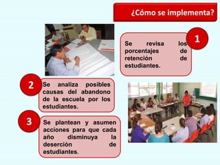 ¿Cómo se implementa?
Se revisa los
porcentajes de
retención de
estudiantes.
1
Se analiza posibles
causas del abandono
de la escuela por los
estudiantes.
Se plantean y asumen
acciones para que cada
año disminuya la
deserción de
estudiantes.
3
2
 