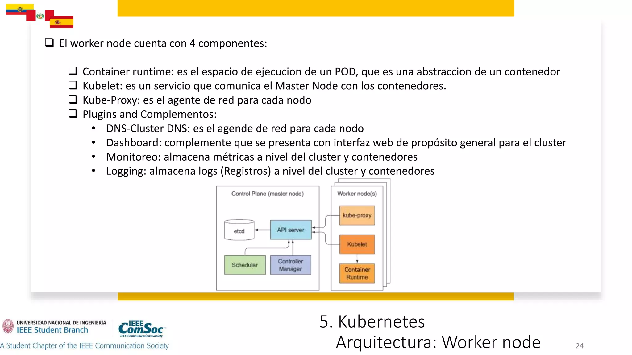 5. Kubernetes
Arquitectura: Worker node 24
 El worker node cuenta con 4 componentes:
 Container runtime: es el espacio de ejecucion de un POD, que es una abstraccion de un contenedor​
 Kubelet: es un servicio que comunica el Master Node con los contenedores.
 Kube-Proxy: es el agente de red para cada nodo​
 Plugins and Complementos:
• DNS-Cluster DNS: es el agende de red para cada nodo​
• Dashboard: complemente que se presenta con interfaz web de propósito general para el cluster​
• Monitoreo: almacena métricas a nivel del cluster y contenedores
• Logging: almacena logs (Registros) a nivel del cluster y contenedores​
 