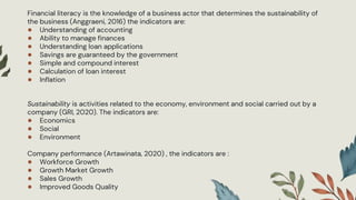 Financial literacy is the knowledge of a business actor that determines the sustainability of
the business (Anggraeni, 2016) the indicators are:
● Understanding of accounting
● Ability to manage finances
● Understanding loan applications
● Savings are guaranteed by the government
● Simple and compound interest
● Calculation of loan interest
● Inflation
Sustainability is activities related to the economy, environment and social carried out by a
company (GRI, 2020). The indicators are:
● Economics
● Social
● Environment
Company performance (Artawinata, 2020) , the indicators are :
● Workforce Growth
● Growth Market Growth
● Sales Growth
● Improved Goods Quality
 