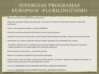 SINERGIAS PROGRAMAS
EUROPEOS -PLURILINGÜISMO
Mejora la motivación y la implicación del profesorado
Motivación aprendizaje idiomas del profesorado : incremento en el número de actividades formativas. (Desarrollo
profesional.)
Acceso a otros programas europeos y recursos lingüísticos
Fomento de los idiomas (desarrollo del Francés a través de estos programas).
Aumento de la motivación del alumnado: carácter práctico del aprendizaje de la lengua / Refuerzo de las destrezas orales
Acercamiento a la cultura y civilización del país de origen. (principios de la metodología CLIL, cultura)
Formación y reflexión sobre metodología para la enseñanza bilingüe AICLE (Aprendizaje Integrado de Contenidos y
Lenguas Extranjeras) en el equipo Equipo DNL (Desarrollo profesional)
Red de contactos a nivel europeo - Lazos futuras acciones.
Mejora de la competencia lingüística del profesorado participante.
Permite conocer: forma de trabajo, estructura del sistema educativo, currículum, condiciones de trabajo de los docente, etc
del país visitado. (principios de la metodología CLIL, cultura)
Curso 13/14 MAESTROS/AS QUE IMPARTEN FRANCES 2, PROGRAMA BILINGÜE 6
Curso 16/17 MAESTROS/AS QUE IMARTEN FRANCES 3, PROGRAMA BILINGÜE 12
 
