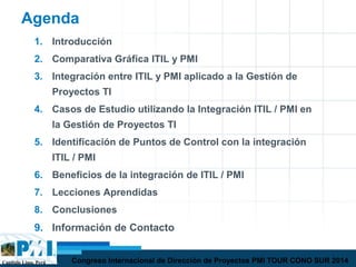 Capítulo Lima, Perú Congreso Internacional de Dirección de Proyectos PMI TOUR CONO SUR 2014
Agenda
1. Introducción
2. Comparativa Gráfica ITIL y PMI
3. Integración entre ITIL y PMI aplicado a la Gestión de
Proyectos TI
4. Casos de Estudio utilizando la Integración ITIL / PMI en
la Gestión de Proyectos TI
5. Identificación de Puntos de Control con la integración
ITIL / PMI
6. Beneficios de la integración de ITIL / PMI
7. Lecciones Aprendidas
8. Conclusiones
9. Información de Contacto
 