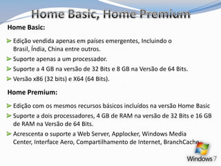 Home Basic, Home PremiumHome Basic:Edição vendida apenas em países emergentes, Incluindo o Brasil, Índia, China entre outros.Suporte apenas a um processador.Suporte a 4 GB na versão de 32 Bits e 8 GB na Versão de 64 Bits.Versão x86 (32 bits) e X64 (64 Bits).Home Premium:Edição com os mesmos recursos básicos incluídos na versão Home BasicSuporte a dois processadores, 4 GB de RAM na versão de 32 Bits e 16 GB de RAM na Versão de 64 Bits.Acrescenta o suporte a Web Server, Applocker, Windows Media Center, Interface Aero, Compartilhamento de Internet, BranchCache.