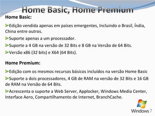 Home Basic: Edição vendida apenas em países emergentes, Incluindo o Brasil, Índia, China entre outros. Suporte apenas a um processador. Suporte a 4 GB na versão de 32 Bits e 8 GB na Versão de 64 Bits. Versão x86 (32 bits) e X64 (64 Bits). Home Premium: Edição com os mesmos recursos básicos incluídos na versão Home Basic Suporte a dois processadores, 4 GB de RAM na versão de 32 Bits e 16 GB de RAM na Versão de 64 Bits. Acrescenta o suporte a Web Server, Applocker, Windows Media Center, Interface Aero, Compartilhamento de Internet, BranchCache. 