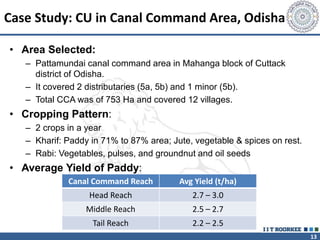 13
Case Study: CU in Canal Command Area, Odisha
• Area Selected:
– Pattamundai canal command area in Mahanga block of Cuttack
district of Odisha.
– It covered 2 distributaries (5a, 5b) and 1 minor (5b).
– Total CCA was of 753 Ha and covered 12 villages.
• Cropping Pattern:
– 2 crops in a year
– Kharif: Paddy in 71% to 87% area; Jute, vegetable & spices on rest.
– Rabi: Vegetables, pulses, and groundnut and oil seeds
• Average Yield of Paddy:
Canal Command Reach Avg Yield (t/ha)
Head Reach 2.7 – 3.0
Middle Reach 2.5 – 2.7
Tail Reach 2.2 – 2.5
 