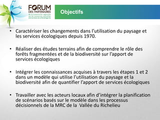 Objectifs


• Caractériser les changements dans l’utilisation du paysage et
  les services écologiques depuis 1970.

• Réaliser des études terrains afin de comprendre le rôle des
  forêts fragmentées et de la biodiversité sur l’apport de
  services écologiques

• Intégrer les connaissances acquises à travers les étapes 1 et 2
  dans un modèle qui utilise l’utilisation du paysage et la
  biodiversité afin de quantifier l’apport de services écologiques

• Travailler avec les acteurs locaux afin d’intégrer la planification
  de scénarios basés sur le modèle dans les processus
  décisionnels de la MRC de la Vallée du Richelieu
 