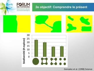 2e objectif: Comprendre le présent




                           30
                           25
biodiversité (# espèces)




                           20
                           15
                           10
                            5
                            0



                                                  Gonzalez et al. (1998) Science
 
