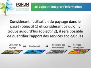 3e objectif: Intégrer l’information



  Considérant l’utilisation du paysage dans le
  passé (objectif 1) et considérant ce qu’on y
trouve aujourd’hui (objectif 2), il sera possible
de quantifier l’apport des services écologiques

 Utilisation du                     Fonctions des   Services
                  Biodiversité
 paysage                            écosystèmes     écologiques
 