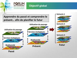 Objectif global


                                                   Scénario 1
Apprendre du passé et comprendre le
présent… afin de planifier le futur
                          Utilisation du paysage   Scénario 2

Utilisation du paysage
                         Services écologiques
                                                   Scénario 3
Services écologiques
                           Biodiversité

  Biodiversité                                        Futur
                             Présent

     Passé
 