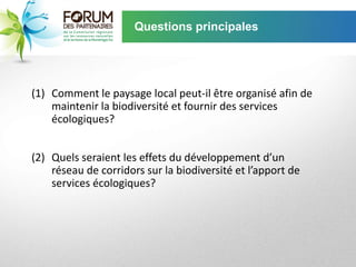 Questions principales




(1) Comment le paysage local peut-il être organisé afin de
    maintenir la biodiversité et fournir des services
    écologiques?


(2) Quels seraient les effets du développement d’un
    réseau de corridors sur la biodiversité et l’apport de
    services écologiques?
 