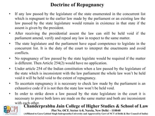 Doctrine of Repugnancy
• If any law passed by the legislature of the state enumerated in the concurrent list
which is repugnant to the earlier law made by the parliament or an existing law the
law passed by the state legislature would remain in existence in that state if the
assent is given by the president.
• After receiving the presidential assent the law can still be held void if the
parliament amend, verify and repeal any law in respect to the same matter.
• The state legislature and the parliament have equal competence to legislate in the
concurrent list. It is the duty of the court to interpret the enactments and avoid
conflicts.
• No repugnancy of law passed by the state legislate would be required if the matter
is different. Then Article 254(2) would have no application.
• Under article 254 of the Indian constitution when a law passed by the legislature of
the state which is inconsistent with the law parliament the whole law won’t be held
void it will be held void to the extent of repugnancy.
• To ascertain repugnancy it is necessary to check law made by the parliament is an
exhaustive code if it is not then the state law won’t be held void.
• In order to strike down a law passed by the state legislature in the court it is
necessary to prove both laws are made on the same matter and both are inconsistent
with each other.
Chanderprabhu Jain College of Higher Studies & School of Law
Plot No. OCF, Sector A-8, Narela, New Delhi – 110040
(Affiliated to Guru Gobind Singh Indraprastha University and Approved by Govt of NCT of Delhi & Bar Council of India)
 