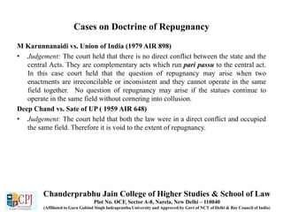 Cases on Doctrine of Repugnancy
M Karunnanaidi vs. Union of India (1979 AIR 898)
• Judgement: The court held that there is no direct conflict between the state and the
central Acts. They are complementary acts which run pari passu to the central act.
In this case court held that the question of repugnancy may arise when two
enactments are irreconcilable or inconsistent and they cannot operate in the same
field together. No question of repugnancy may arise if the statues continue to
operate in the same field without cornering into collusion.
Deep Chand vs. Sate of UP ( 1959 AIR 648)
• Judgement: The court held that both the law were in a direct conflict and occupied
the same field. Therefore it is void to the extent of repugnancy.
Chanderprabhu Jain College of Higher Studies & School of Law
Plot No. OCF, Sector A-8, Narela, New Delhi – 110040
(Affiliated to Guru Gobind Singh Indraprastha University and Approved by Govt of NCT of Delhi & Bar Council of India)
 