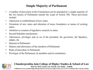 Simple Majority of Parliament
• A number of provisions in the Constitution can be amended by a simple majority of
the two houses of Parliament outside the scope of Article 368. These provisions
include:
• Admission or establishment of new states.
• Formation of new states and alteration of areas, boundaries or names of existing
states.
• Abolition or creation of legislative councils in states.
• Second Schedule-emoluments,
• Allowances, privileges and so on of the president, the governors, the Speakers,
judges, etc.
• Quorum in Parliament.
• Salaries and allowances of the members of Parliament.
• Rules of procedure in Parliament.
• Privileges of the Parliament, its members and its committees.
Chanderprabhu Jain College of Higher Studies & School of Law
Plot No. OCF, Sector A-8, Narela, New Delhi – 110040
(Affiliated to Guru Gobind Singh Indraprastha University and Approved by Govt of NCT of Delhi & Bar Council of India)
 