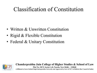 Classification of Constitution
• Written & Unwritten Constitution
• Rigid & Flexible Constitution
• Federal & Unitary Constitution
Chanderprabhu Jain College of Higher Studies & School of Law
Plot No. OCF, Sector A-8, Narela, New Delhi – 110040
(Affiliated to Guru Gobind Singh Indraprastha University and Approved by Govt of NCT of Delhi & Bar Council of India)
 