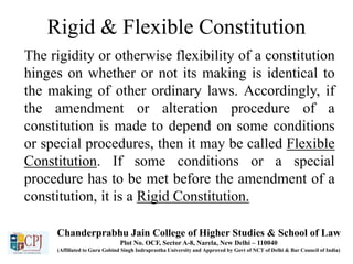 Rigid & Flexible Constitution
The rigidity or otherwise flexibility of a constitution
hinges on whether or not its making is identical to
the making of other ordinary laws. Accordingly, if
the amendment or alteration procedure of a
constitution is made to depend on some conditions
or special procedures, then it may be called Flexible
Constitution. If some conditions or a special
procedure has to be met before the amendment of a
constitution, it is a Rigid Constitution.
Chanderprabhu Jain College of Higher Studies & School of Law
Plot No. OCF, Sector A-8, Narela, New Delhi – 110040
(Affiliated to Guru Gobind Singh Indraprastha University and Approved by Govt of NCT of Delhi & Bar Council of India)
 
