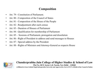 Composition
• Art. 79 - Constitution of Parliament.
• Art. 80 - Composition of the Council of States
• Art. 81 - Composition of the House of the People
• Art. 82 - Readjustment after each census
• Art. 83 - Duration of Houses of Parliament
• Art. 84 - Qualification for membership of Parliament
• Art. 85 - Sessions of Parliament, prorogation and dissolution
• Art. 86 - Right of President to address and send messages to Houses
• Art. 87 - Special address by the President
• Art. 88 - Rights of Ministers and Attorney-General as respects House
Chanderprabhu Jain College of Higher Studies & School of Law
Plot No. OCF, Sector A-8, Narela, New Delhi – 110040
(Affiliated to Guru Gobind Singh Indraprastha University and Approved by Govt of NCT of Delhi & Bar Council of India)
 