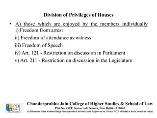 Division of Privileges of Houses
• A) those which are enjoyed by the members individually
i) Freedom from arrest
ii) Freedom of attendance as witness
iii) Freedom of Speech
iv) Art. 121 - Restriction on discussion in Parliament
v) Art. 211 - Restriction on discussion in the Legislature
Chanderprabhu Jain College of Higher Studies & School of Law
Plot No. OCF, Sector A-8, Narela, New Delhi – 110040
(Affiliated to Guru Gobind Singh Indraprastha University and Approved by Govt of NCT of Delhi & Bar Council of India)
 