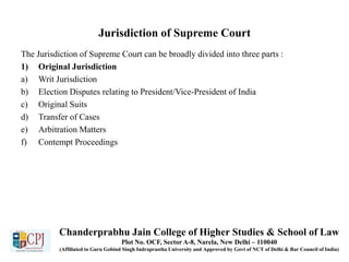 Jurisdiction of Supreme Court
The Jurisdiction of Supreme Court can be broadly divided into three parts :
1) Original Jurisdiction
a) Writ Jurisdiction
b) Election Disputes relating to President/Vice-President of India
c) Original Suits
d) Transfer of Cases
e) Arbitration Matters
f) Contempt Proceedings
Chanderprabhu Jain College of Higher Studies & School of Law
Plot No. OCF, Sector A-8, Narela, New Delhi – 110040
(Affiliated to Guru Gobind Singh Indraprastha University and Approved by Govt of NCT of Delhi & Bar Council of India)
 