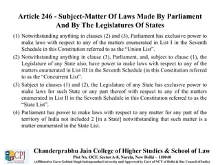 Article 246 - Subject-Matter Of Laws Made By Parliament
And By The Legislatures Of States
(1) Notwithstanding anything in clauses (2) and (3), Parliament has exclusive power to
make laws with respect to any of the matters enumerated in List I in the Seventh
Schedule in this Constitution referred to as the “Union List”.
(2) Notwithstanding anything in clause (3), Parliament, and, subject to clause (1), the
Legislature of any State also, have power to make laws with respect to any of the
matters enumerated in List III in the Seventh Schedule (in this Constitution referred
to as the “Concurrent List”.
(3) Subject to clauses (1) and (2), the Legislature of any State has exclusive power to
make laws for such State or any part thereof with respect to any of the matters
enumerated in List II in the Seventh Schedule in this Constitution referred to as the
“State List”.
(4) Parliament has power to make laws with respect to any matter for any part of the
territory of India not included 2 [in a State] notwithstanding that such matter is a
matter enumerated in the State List.
Chanderprabhu Jain College of Higher Studies & School of Law
Plot No. OCF, Sector A-8, Narela, New Delhi – 110040
(Affiliated to Guru Gobind Singh Indraprastha University and Approved by Govt of NCT of Delhi & Bar Council of India)
 