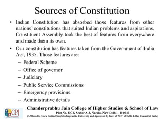 Sources of Constitution
• Indian Constitution has absorbed those features from other
nations’ constitutions that suited Indian problems and aspirations.
Constituent Assembly took the best of features from everywhere
and made them its own.
• Our constitution has features taken from the Government of India
Act, 1935. Those features are:
– Federal Scheme
– Office of governor
– Judiciary
– Public Service Commissions
– Emergency provisions
– Administrative details
Chanderprabhu Jain College of Higher Studies & School of Law
Plot No. OCF, Sector A-8, Narela, New Delhi – 110040
(Affiliated to Guru Gobind Singh Indraprastha University and Approved by Govt of NCT of Delhi & Bar Council of India)
 