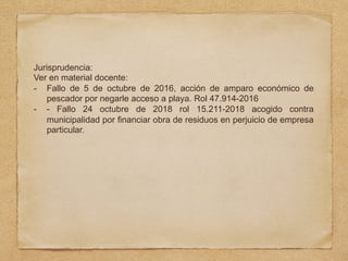 Jurisprudencia:
Ver en material docente:
- Fallo de 5 de octubre de 2016, acción de amparo económico de
pescador por negarle acceso a playa. Rol 47.914-2016
- - Fallo 24 octubre de 2018 rol 15.211-2018 acogido contra
municipalidad por financiar obra de residuos en perjuicio de empresa
particular.
 