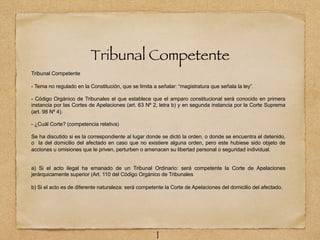 Tribunal Competente
Tribunal Competente
- Tema no regulado en la Constitución, que se limita a señalar: “magistratura que señala la ley”.
- Código Orgánico de Tribunales el que establece que el amparo constitucional será conocido en primera
instancia por las Cortes de Apelaciones (art. 63 Nº 2, letra b) y en segunda instancia por la Corte Suprema
(art. 98 Nº 4).
- ¿Cuál Corte? (competencia relativa)
Se ha discutido si es la correspondiente al lugar donde se dictó la orden, o donde se encuentra el detenido,
o la del domicilio del afectado en caso que no existiere alguna orden, pero este hubiese sido objeto de
acciones u omisiones que le priven, perturben o amenacen su libertad personal o seguridad individual.
a) Si el acto ilegal ha emanado de un Tribunal Ordinario: será competente la Corte de Apelaciones
jerárquicamente superior (Art. 110 del Código Orgánico de Tribunales
b) Si el acto es de diferente naturaleza: será competente la Corte de Apelaciones del domicilio del afectado.
1
 