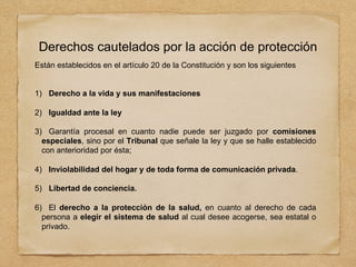 Derechos cautelados por la acción de protección
Están establecidos en el artículo 20 de la Constitución y son los siguientes
1) Derecho a la vida y sus manifestaciones
2) Igualdad ante la ley
3) Garantía procesal en cuanto nadie puede ser juzgado por comisiones
especiales, sino por el Tribunal que señale la ley y que se halle establecido
con anterioridad por ésta;
4) Inviolabilidad del hogar y de toda forma de comunicación privada.
5) Libertad de conciencia.
6) El derecho a la protección de la salud, en cuanto al derecho de cada
persona a elegir el sistema de salud al cual desee acogerse, sea estatal o
privado.
 