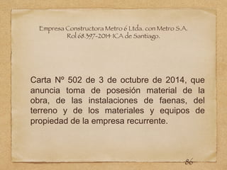 Empresa Constructora Metro 6 Ltda. con Metro S.A.
Rol 68.397-2014 ICA de Santiago.
Carta Nº 502 de 3 de octubre de 2014, que
anuncia toma de posesión material de la
obra, de las instalaciones de faenas, del
terreno y de los materiales y equipos de
propiedad de la empresa recurrente.
86
 