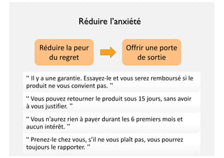 Réduire la peur
du regret
Offrir une porte
de sortie
Réduire l’anxiété
“ Il y a une garantie. Essayez-le et vous serez remboursé si le
produit ne vous convient pas. ”
“ Vous pouvez retourner le produit sous 15 jours, sans avoir
à vous justifier. ”
“ Vous n’aurez rien à payer durant les 6 premiers mois et
aucun intérêt. ”
“ Prenez-le chez vous, s’il ne vous plaît pas, vous pourrez
toujours le rapporter. ”
 