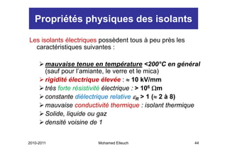 Propriétés physiques des isolants

Les isolants électriques possèdent tous à peu près les
  caractéristiques suivantes :

        mauvaise tenue en température <200°C en général
                i t             t      é t      200°C    é é l
        (sauf pour l’amiante, le verre et le mica)
        rigidité électrique élevée : ≈ 10 kV/mm
        très forte résistivité électrique : > 106 Ωm
        constante diélectrique relative εR > 1 (≈ 2 à 8)
        mauvaise conductivité thermique : isolant thermique
        Solide, liquide ou gaz
               , q           g
        densité voisine de 1


2010-2011                 Mohamed Elleuch                   44
 