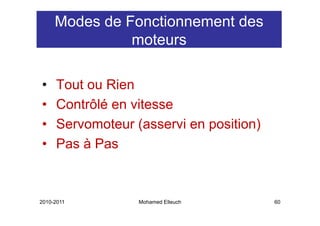 Modes de Fonctionnement des
               moteurs
                 t

•    Tout ou Rien
•    Contrôlé en vitesse
•    Servomoteur (asservi en position)
•    Pas Pas
     P àP



2010-2011         Mohamed Elleuch        60
 