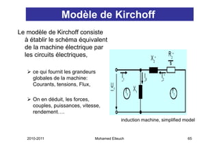 Modèle de Kirchoff
Le modèle de Kirchoff consiste
  à établir le schéma équivalent
                         q
  de la machine électrique par
  les circuits électriques,

      ce qui fournit les grandeurs
      globales de la machine:
      Courants, tensions, Flux,

      On en déduit, les forces,
      couples, puissances, vitesse,
      rendement….
      rendement
                                              induction machine, simplified model


   2010-2011                     Mohamed Elleuch                             65
 