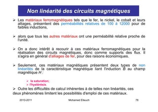 Non linéarité des circuits magnétiques
   Les matériaux ferromagnétiques tels que le fer, le nickel, le cobalt et leurs
   alliages, présentent des perméabilités relatives de 100 à 12000 pour de
   faibles inductions,

   alors que tous les autres matériaux ont une perméabilité relative proche de
   l'unité.

   On a donc intérêt à recourir à ces matériaux ferromagnétiques pour la
   réalisation des circuits magnétiques, donc comme supports des flux. Il
   s agira
   s'agira en général d'alliages de fer pour des raisons économiques
                      d alliages    fer,                 économiques.

   Seulement, ces matériaux magnétiques présentent deux types de non
   linéarités de la caractéristique magnétique liant l'induction B au champ
                                                     l induction
   magnétique H :

            la saturation;
           l'hystérésis.
  Outre les difficultés de calcul inhérentes à de telles non linéarités, ces
deux phénomènes limitent les possibilités d'emploi de ces matériaux
                                           d emploi         matériaux.
    2010-2011                      Mohamed Elleuch                             78
 