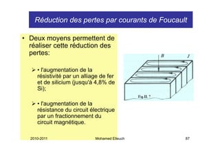 Réduction des pertes par courants de Foucault

• Deux moyens permettent de
  réaliser cette réduction des
  pertes:

     • l'augmentation de la
     résistivité par un alliage de fer
     et de silicium (jusqu'à 4,8% de
     Si);

     • l'augmentation de la
     résistance du circuit électrique
                                  q
     par un fractionnement du
     circuit magnétique.

  2010-2011                  Mohamed Elleuch    87
 