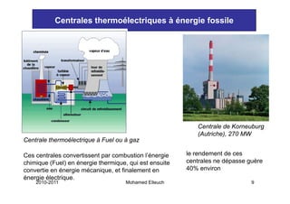 Centrales thermoélectriques à énergie fossile




                                                           Centrale de Korneuburg
                                                           C t l d K          b
                                                           (Autriche), 270 MW
Centrale thermoélectrique à Fuel ou à gaz

Ces centrales convertissent par combustion l’énergie    le rendement de ces
chimique (Fuel) en énergie thermique, qui est ensuite   centrales ne dépasse guère
convertie en énergie mécanique et finalement en
                     mécanique,                         40% environ
énergie électrique.
    2010-2011                        Mohamed Elleuch                          9
 