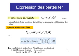 Expression des pertes fer
             p            p

      par courants de Foucault:

 Le
 L coefficient Cw est spécifique d matériau. L grandeur e est l'épaisseur d
        ffi i t     t é ifi      du  té i    La    d        t l'é i       des
 tôles.
pertes totales dans le fer:

                        Ph+ Fo = (Ch + Cwe 2 f ) fBm
                                                   2

 ou
                                               k           2
                                     ⎛ f ⎞          ⎛   B ⎞
                                                         ˆ
                  pertes f = C FER × ⎜
                     t fer           ⎜ f ⎟
                                         ⎟         ×⎜
                                                    ⎜
                                                           ⎟ ×Μ
                                     ⎝ 0⎠           ⎝   B0 ⎟
                                                        ˆ
                                                           ⎠

CFER : coefficient de pertes fer en W/kg (donnée constructeur)
    2010-2011 : masse du circuit
             M                       Mohamed Elleuch                       91
             f0 = 50 Hz; B0 = 1 T; 1,5 < k < 2
 