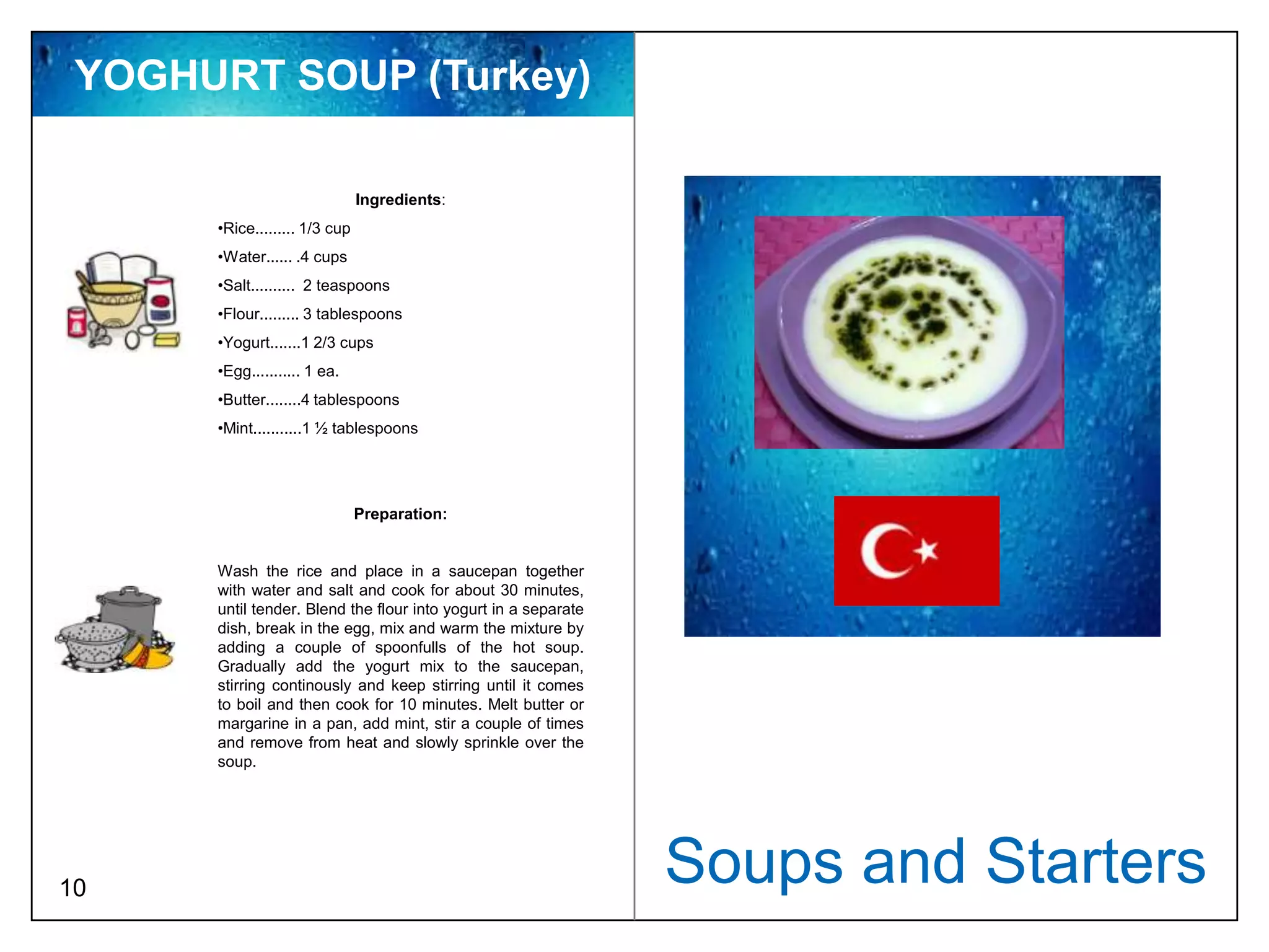 YOGHURT SOUP (Turkey)

                               Ingredients:
      •Rice......... 1/3 cup
      •Water...... .4 cups
      •Salt.......... 2 teaspoons
      •Flour......... 3 tablespoons
      •Yogurt.......1 2/3 cups
      •Egg........... 1 ea.
      •Butter........4 tablespoons
      •Mint...........1 ½ tablespoons




                               Preparation:


      Wash the rice and place in a saucepan together
      with water and salt and cook for about 30 minutes,
      until tender. Blend the flour into yogurt in a separate
      dish, break in the egg, mix and warm the mixture by
      adding a couple of spoonfulls of the hot soup.
      Gradually add the yogurt mix to the saucepan,
      stirring continously and keep stirring until it comes
      to boil and then cook for 10 minutes. Melt butter or
      margarine in a pan, add mint, stir a couple of times
      and remove from heat and slowly sprinkle over the
      soup.




10
                                                                Soups and Starters
 