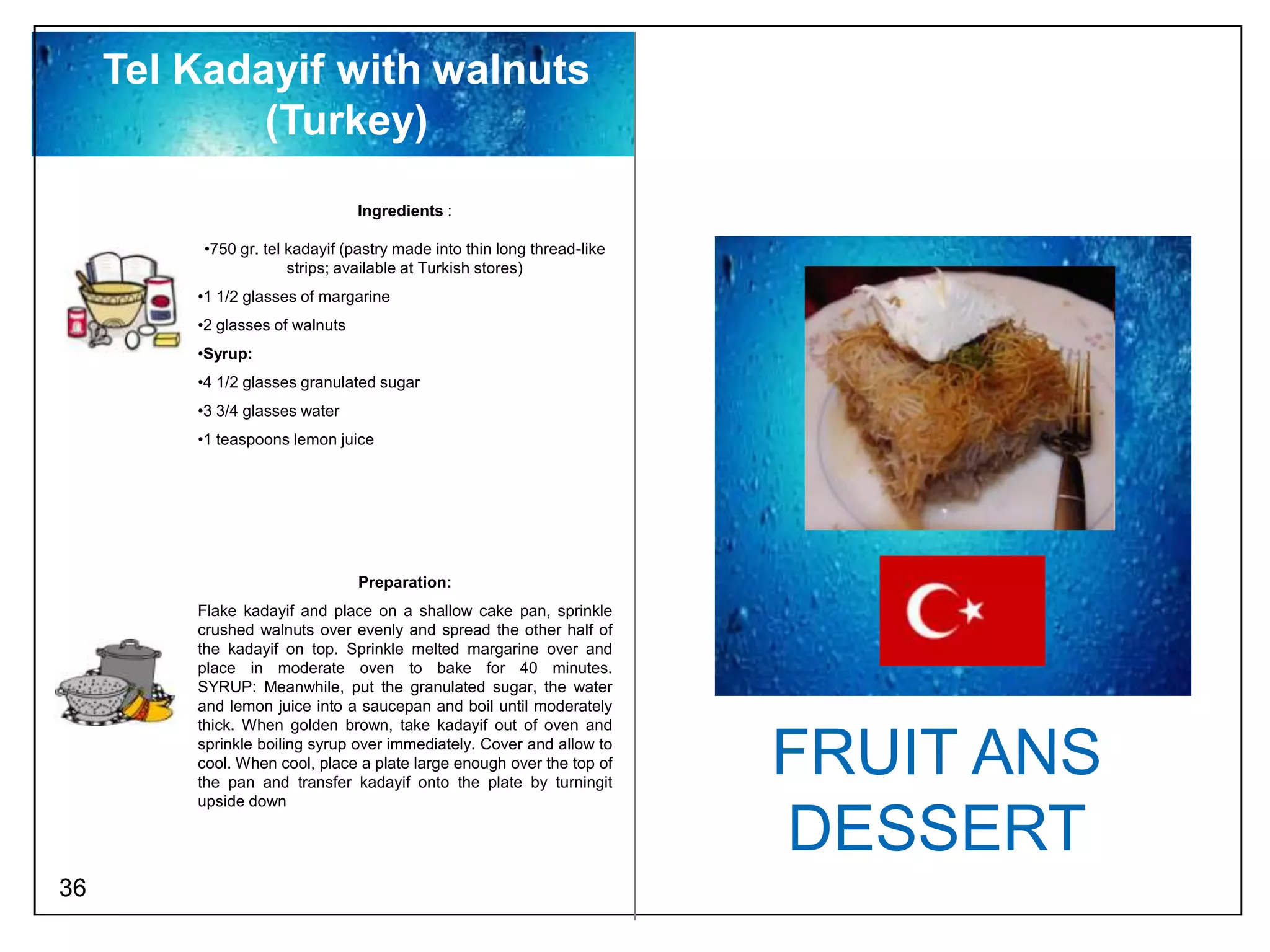 Tel Kadayif with walnuts
             (Turkey)
                                 Ingredients :

          •750 gr. tel kadayif (pastry made into thin long thread-like
                       strips; available at Turkish stores)
         •1 1/2 glasses of margarine
         •2 glasses of walnuts
         •Syrup:
         •4 1/2 glasses granulated sugar
         •3 3/4 glasses water
         •1 teaspoons lemon juice




                                 Preparation:
         Flake kadayif and place on a shallow cake pan, sprinkle
         crushed walnuts over evenly and spread the other half of
         the kadayif on top. Sprinkle melted margarine over and
         place in moderate oven to bake for 40 minutes.
         SYRUP: Meanwhile, put the granulated sugar, the water
         and lemon juice into a saucepan and boil until moderately
         thick. When golden brown, take kadayif out of oven and
         sprinkle boiling syrup over immediately. Cover and allow to
         cool. When cool, place a plate large enough over the top of
         the pan and transfer kadayif onto the plate by turningit
                                                                         FRUIT ANS
         upside down

                                                                         DESSERT
36
 