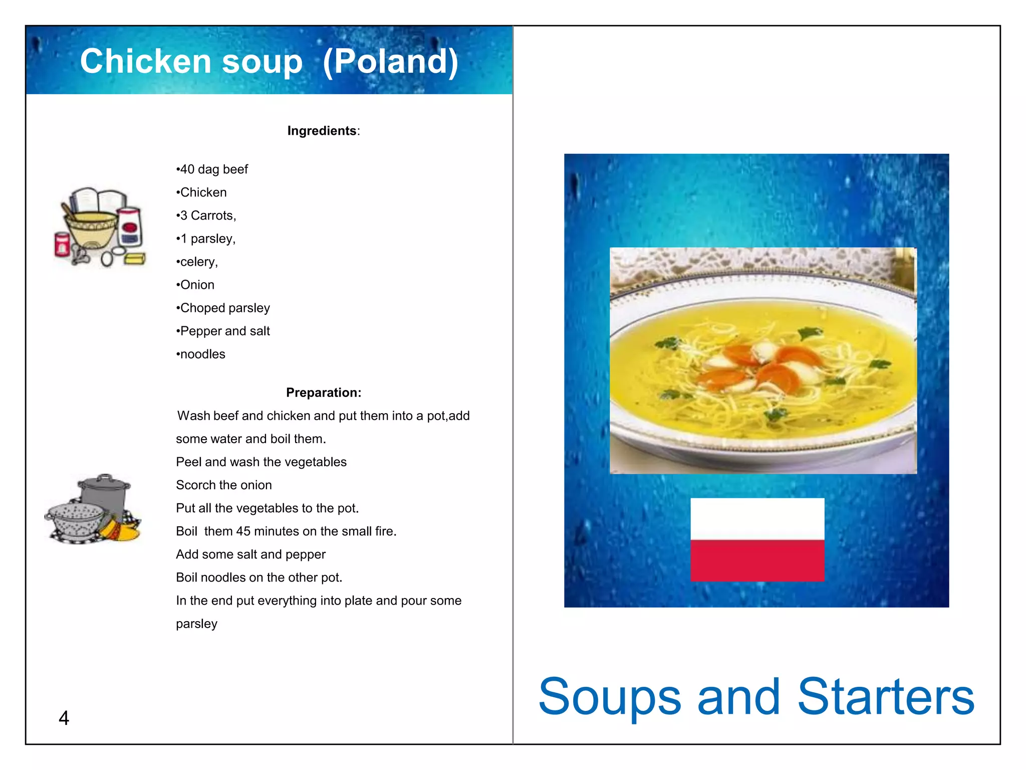 Chicken soup (Poland)
                             Ingredients:


         •40 dag beef
         •Chicken
         •3 Carrots,
         •1 parsley,
         •celery,
         •Onion
         •Choped parsley
         •Pepper and salt
         •noodles


                             Preparation:
         Wash beef and chicken and put them into a pot,add
         some water and boil them.
         Peel and wash the vegetables
         Scorch the onion
         Put all the vegetables to the pot.
         Boil them 45 minutes on the small fire.
         Add some salt and pepper
         Boil noodles on the other pot.
         In the end put everything into plate and pour some
         parsley




4
                                                              Soups and Starters
 