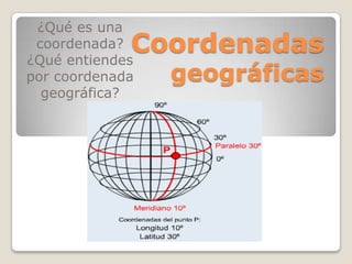 Coordenadas
geográficas
¿Qué es una
coordenada?
¿Qué entiendes
por coordenada
geográfica?
 