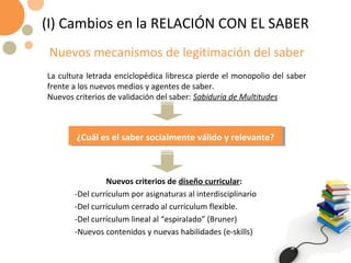 ¿Cuál es el saber socialmente válido y relevante? (I) Cambios en la RELACIÓN CON EL SABER Nuevos criterios de  diseño curricular : -Del currículum por asignaturas al interdisciplinario  -Del currículum cerrado al currículum flexible. -Del currículum lineal al “espiralado” (Bruner) -Nuevos contenidos y nuevas habilidades (e-skills) Nuevos mecanismos de legitimación del saber La cultura letrada enciclopédica libresca pierde el monopolio del saber frente a los nuevos medios y agentes de saber. Nuevos criterios de validación del saber:  Sabiduría de Multitudes 