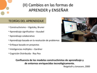 (II) Cambios en las formas de  APRENDER y ENSEÑAR TEORÍAS DEL APRENDIZAJE Constructivismo – Vigotsky, Bruner Aprendizaje significativo – Ausubel Aprendizaje colaborativo Aprendizaje basado en la resolución de problemas Enfoque basado en proyectos Inteligencias múltiples – Gardner Cognición Distribuida - Roy Pea Confluencia de los modelos constructivistas de aprendizaje y  de entornos enriquecidos tecnológicamente.  Reigeluth y Jonassen, 2000 
