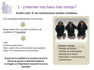 Eran actividades profesionales (unos pocos). Modernidad: leer y escribir condiciones de ciudadanía     masividad . S XXI Lectores-productores. Libros: dejan de ser única fuente autorizada de saber    lo importante es el contenido. Temores eternos: -Pérdida de calidad  -Pérdida de profundidad -Decadencia cultural Masividad: nuevos lectores  y productores Escribir y leer    son construcciones sociales e históricas. 1 - ¿Internet nos hace más tontos? El paso de la oralidad a la escritura marcó la forma de pensar occidental moderna. La imagen y el hipertexto marcarán la nueva sociedad. 