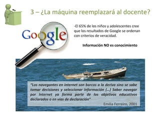 -El 65% de los niños y adolescentes cree que los resultados de Google se ordenan con criterios de veracidad.  Información NO es conocimiento “ Los navegantes en internet son barcos a la deriva sino se sabe tomar decisiones y seleccionar información (…) Saber navegar por Internet ya forma parte de los objetivos educativos declarados o en vías de declaración” Emilia Ferreiro, 2001 3 – ¿La máquina reemplazará al docente? 