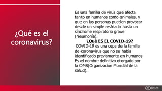 ¿Qué es el
coronavirus?
Es una familia de virus que afecta
tanto en humanos como animales, y
que en las personas pueden provocar
desde un simple resfriado hasta un
síndrome respiratorio grave
(Neumonía).
¿Qué ES EL COVID-19?
COVID-19 es una cepa de la familia
de coronavirus que no se había
identificado previamente en humanos.
Es el nombre definitivo otorgado por
la OMS(Organización Mundial de la
salud).
 